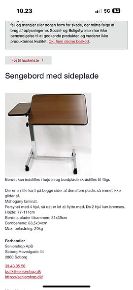 sengebord med sideplade